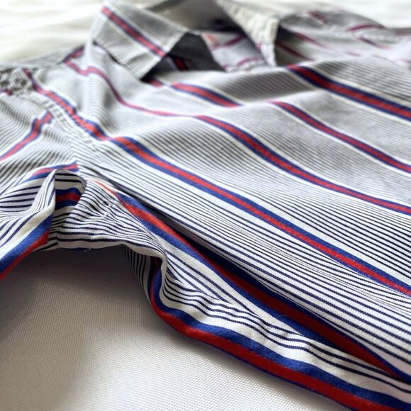 LE SARTE PETTEGOLE 100% COTTON WHITE BLUE RED STRIPED WRAP SHIRT DRESS - XS (40) - Picture 9 of 12